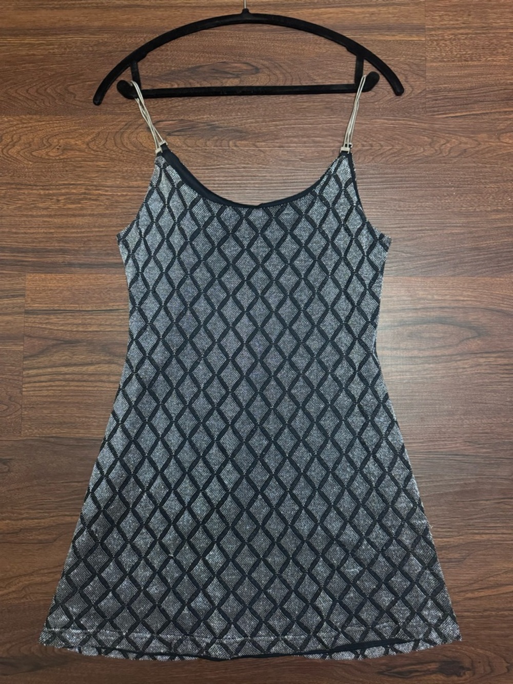 Shimmer Diamond-Pattern Black Slip Mini Dress